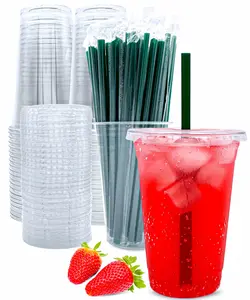 Clear Plastic Cups 12oz-32oz with Lids - Disposable Iced Coffee Cups, Flat Lids, Crystal Smoothie Cup, Lemonade Stand, Cold Drinks, Juice, Milkshake