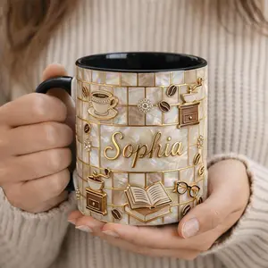 Personalized Coffee Lover Mug Custom Name Ceramic Cup, 2D Printed 3D Effect Elegant Pearl Mosaic Design Gold Accent Durable Glossy Finish for Women Book Lovers Barista Aesthetic Fans Birthday Christmas Appreciation Gift
