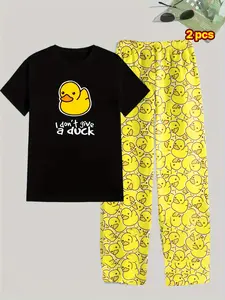 Men's Short Sleeve Long Pants Sleepwear Set, Duck Print, Round Neck, Medium Stretch, All Seasons, Casual Home Wear