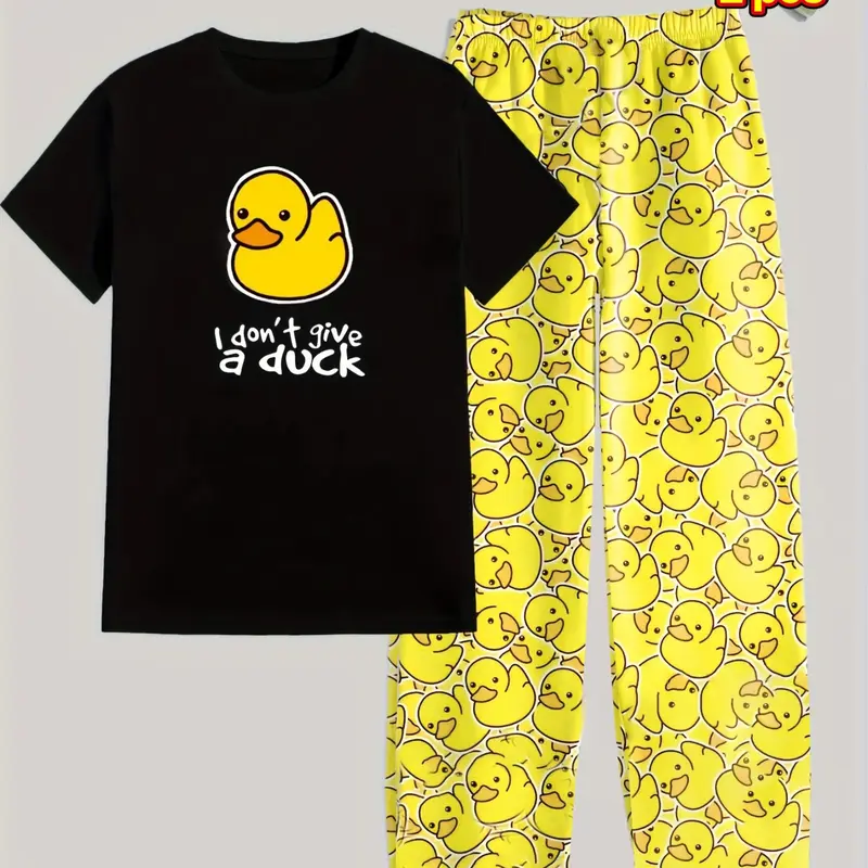 Men's Short Sleeve Long Pants Sleepwear Set, Pjs, Duck Print, Round Neck, Medium Stretch, All Seasons, Casual Home Wear