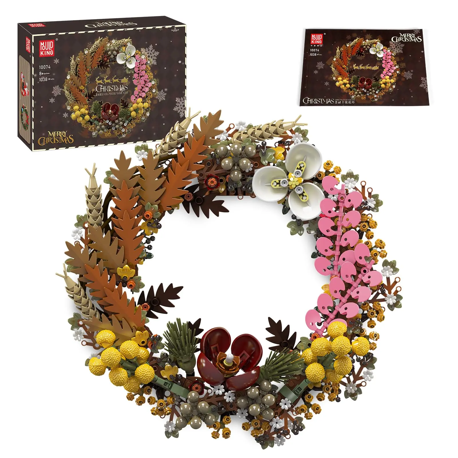 Mould King 10074 Icons Christmas Dried Flower Wreath Building Blocks Set, BPA-Free Artificial Flower DIY Kit, 1038 Pieces Bricks & Parts, 28.4*30.5cm Botanical Decoration for 12 Years Above