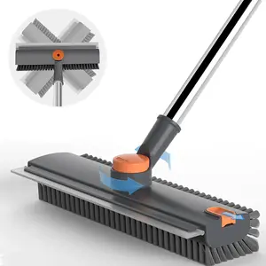3-in-1 Floor Scrub Bathtub Brush with Long Handle, Double-Sided, Heavy-Duty Stiff Bristles & Squeegee – Scrape & Scrub for Shower, Bathroom, Patio, Garage, Kitchen, Wall & Deck – Home Cleaning Essentials