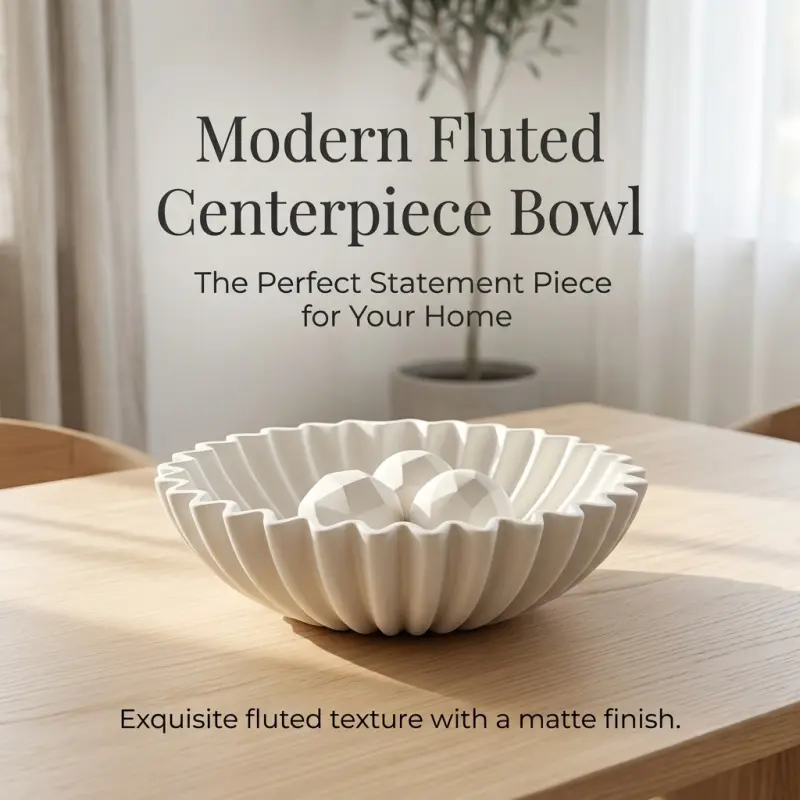 White Matte Fluted Decorative Statement Bowl, Artistic Sculptural Textured Centerpiece Bowl for Modern Home Tabletop Living Room Decor, Decorative Bowls for Home Decor