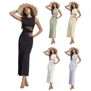 Women’s Summer Bodycon Dress - Lace Sexy Patchwork Sleeveless Casual Fashion Long Dress For Elegant Style