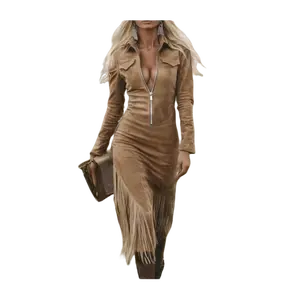 Retro Western Cowgirl Slim Fit Dress with Fringed Hem