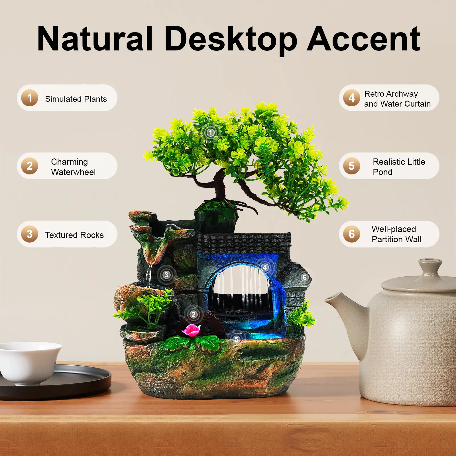 Rectangle Decorative Tabletop Fountain with LED Lights, Resin Waterfall Rock Garden Statue, 7.87in Compact Home Office Desk Decor, Calming Flowing Water Sound Relaxation Gift