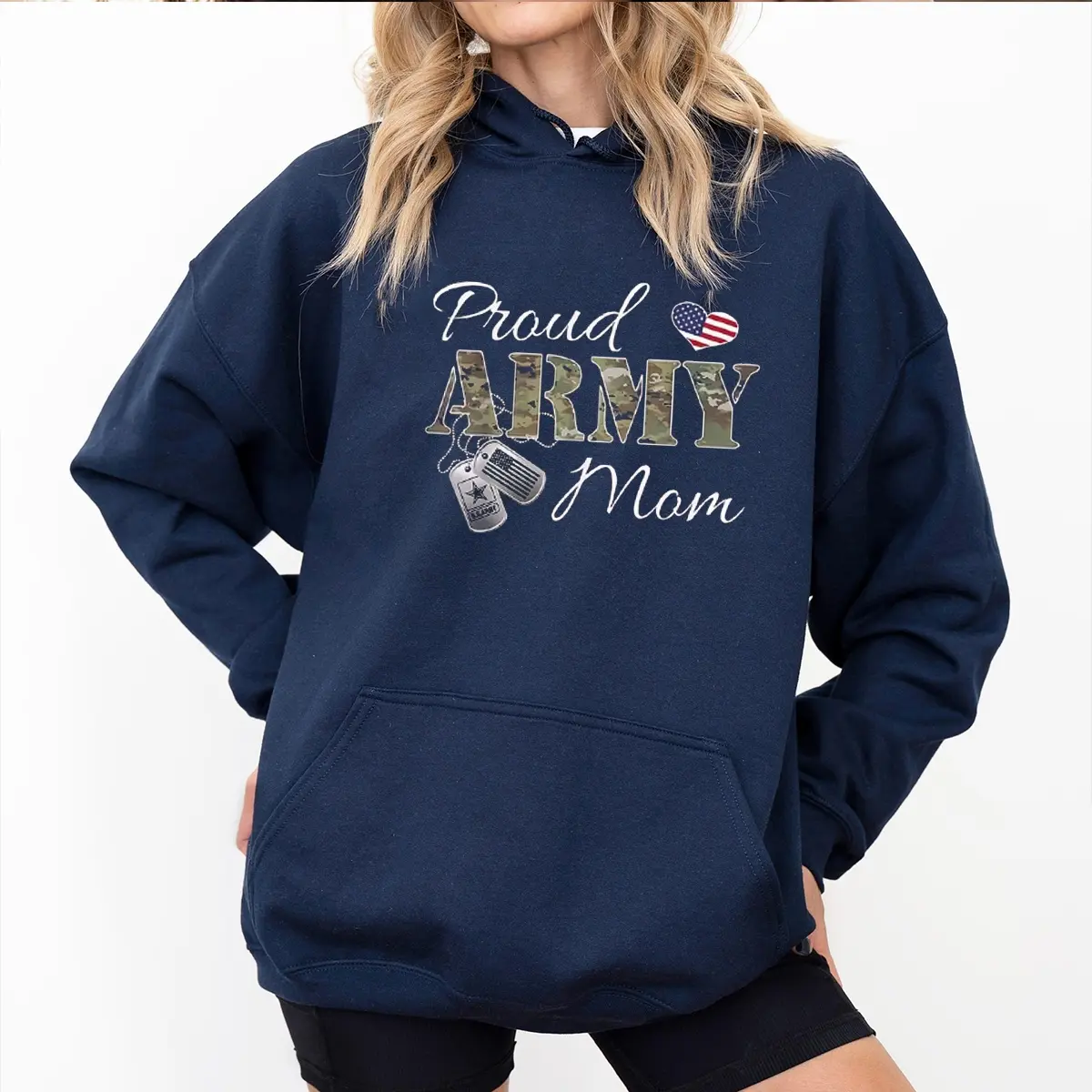 Proud Army Mom Hoodie – Camo Military Graphic Pullover, Patriotic USA Flag Heart Design, Cozy Unisex Sweatshirt for Supportive Moms