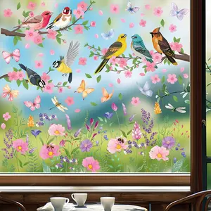 Spring Window Decorations Set, Colorful Floral Static Cling Stickers, Bird Shape PVC Decals, Home Decoration for Glass Doors & Windows