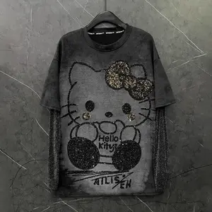 Sanrio Hello Kitty Two-Piece Style Long-Sleeve T-Shirt Loose-Fit Casual Mid-Length Top Breathable Fabric for Everyday Wear