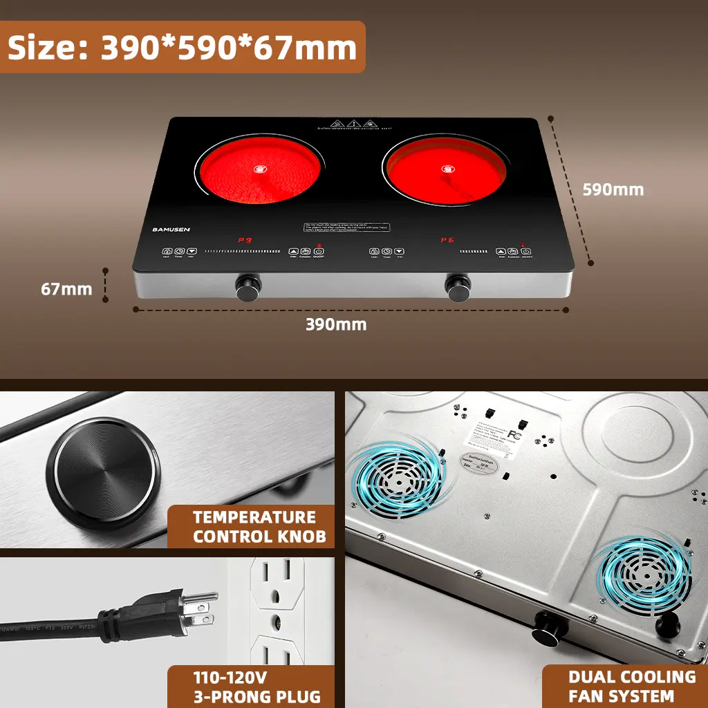 BAMUSEN Portable Electronic Induction Cooktop, 1500W Double Burners with Child Safety Lock, Knob & Touch Controls, 9-Level Adjustable Temperature, Suitable for Casserole, Stainless Steel & Copper Cookware, Courtyards Kitchen Appliance