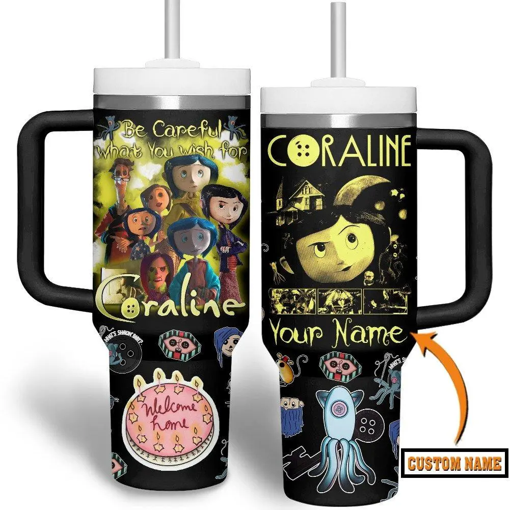 Coraline 20oz - 40oz Tumbler Stainless Steel with Straw, Double Wall Insulated, With Handle – Epic Cartoon Movies Series Design, Perfect Gift for Fans