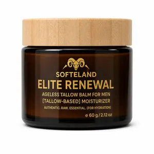 SOFTELAND Beef Tallow Face Moisturizer for Men(Wood Lid) - Ageless Tallow Balm Face Cream with Beeswax & Shea Butter | Cooling Daily Moisturizer for Dry Rough Skin | Soothing After Shave Balm | Visibly Smoother & Conditioned Skin | 60g / 2.12 oz