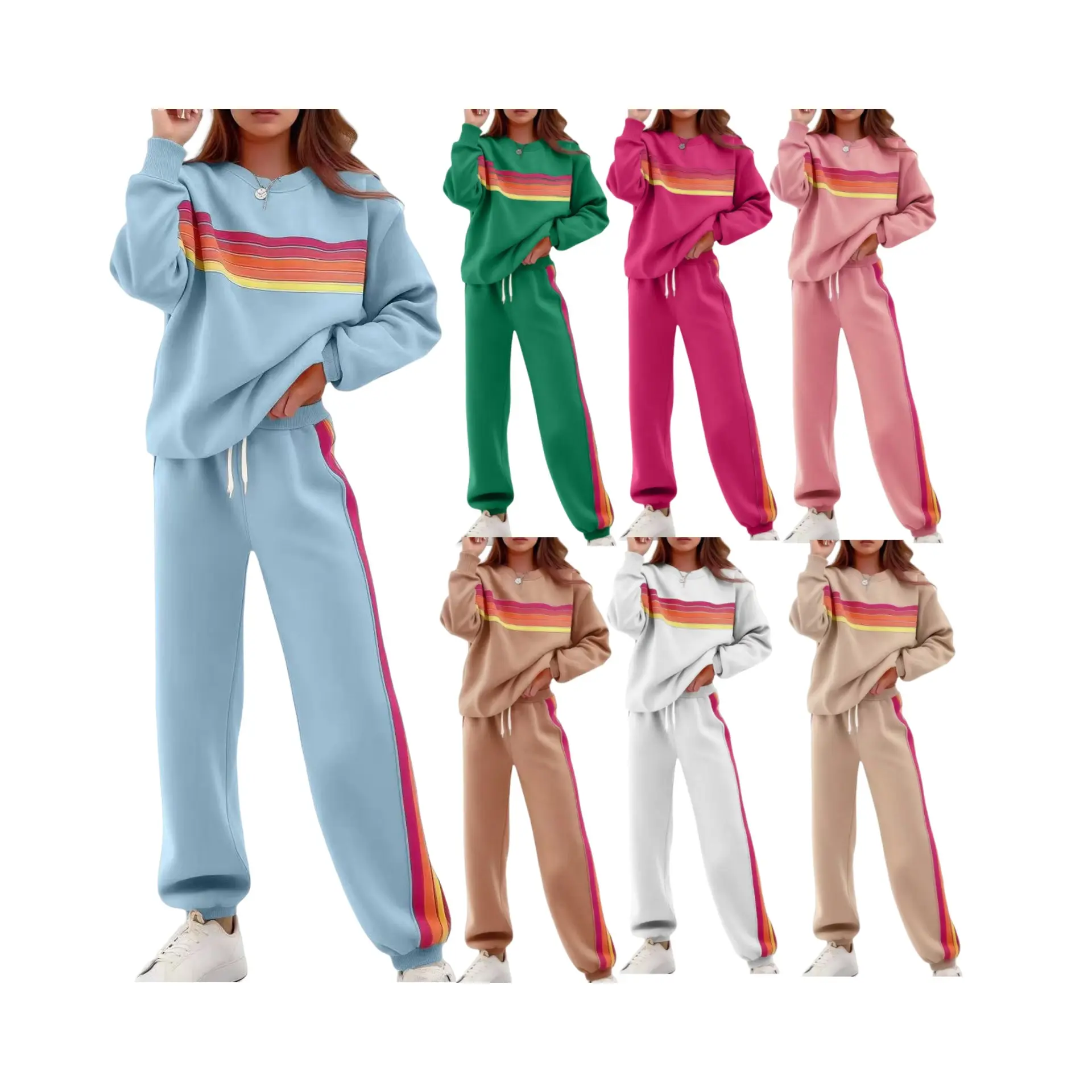 Women's 2-Piece Casual Striped Crew Neck Longsleeve Sweatshirt & Pant Pajama Set, Loose-Fit Loungewear for Spring Summer, Essential Womenswear Clothing Set,summerwins