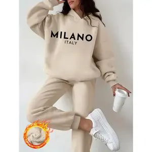 Women's Hooded Sweatshirt Set, Milano Italy Letter Print, Thick Fleece Lined Long Sleeve Top & Pants, Casual Fall Winter Can be used with raincoat(Sheet)