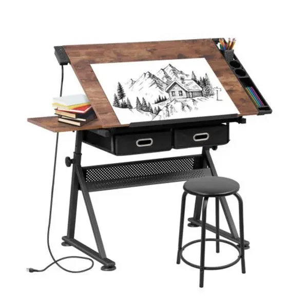 Zenstyle Adjustable Retro Wood Workstation - Large Surface Drafting Desk with Tiltable Tabletop, Charging Station, Drawers, Adjustable Desk Mount, Desktop Stand and Stool, Desk With Drawers