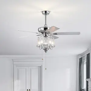 52 Inch Crystal Ceiling Fan , Modern Electrical Fan with 5 Wood Reversible Blades, 4 Bulbs Not Included,Noiseless Reversible AC Motor for Bedroom/Living Room/Study/Patio Home Decoration (Chrome)