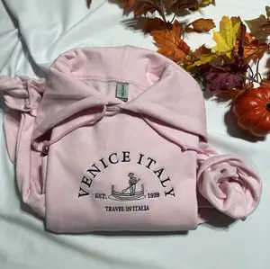 Brandy Venice Italy Embroidered hoodie; Travel in Italia Golden Navy hoodie; Casual Christmas gift Lightweight Clothing