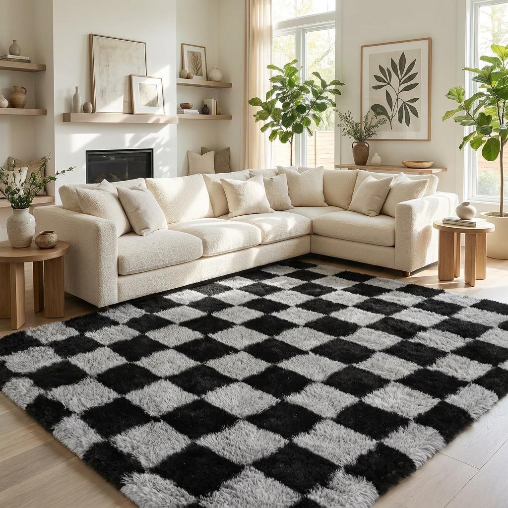 LUOGORT Black and Grey Checkered Soft Plush Area Rugs for Bedroom Living Room Large Fluffy Fuzzy Carpet Non Slip Backing Cozy Warm Mat For Hallway Dorm Apartment Laundry Decor Multiple Sizes
