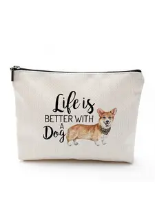 Cute Animal Dog Cosmetic Bag, Waterproof Cotton and Linen Zipper Pouch - Makeup Tool, Jewelry, Travel Toiletries Organizer Bag