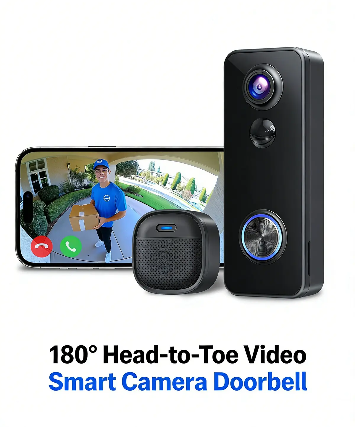 XTU Cordless Doorbell Camera - 180° Head-to-Toe View, 2-Way Talk, 2.4G Wi-Fi Chime, Local Cloud & SD Card Storage, Human Detection, Alexa/Google Home Compatible Home Security System with Wall Mount