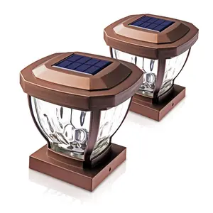 Home Zone Security ELI1403V 2 Pack Solar Post Cap Lights, Decorative Glass LED 4x4 Post, Weather Resistant, Bronze