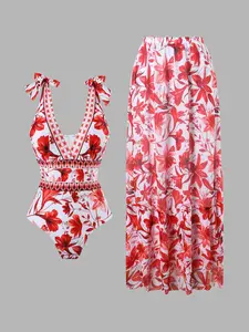 Women's All Over Floral Print Floral Pattern Slim Fit Tie Shoulder Backless One-Piece Swimsuit & Layered Ruffle Hem Cover Up Skirt Set, Casual Fashion Chic Swimwear Set for Beach Holiday Vacation, Ladies Swimsuit for All Seasons, Swimsuit Cover Ups