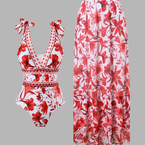 Women's All Over Floral Print Slim-Fit Tie Shoulder Backless One-Piece Swimsuit & Ruffle Hem Cover-Up Skirt Set, Casual Fashion Chic Swimwear Set for Beach Holiday Vacation, Ladies Swimsuit for Summer Swimwear Coverups, Beachwear Coverups