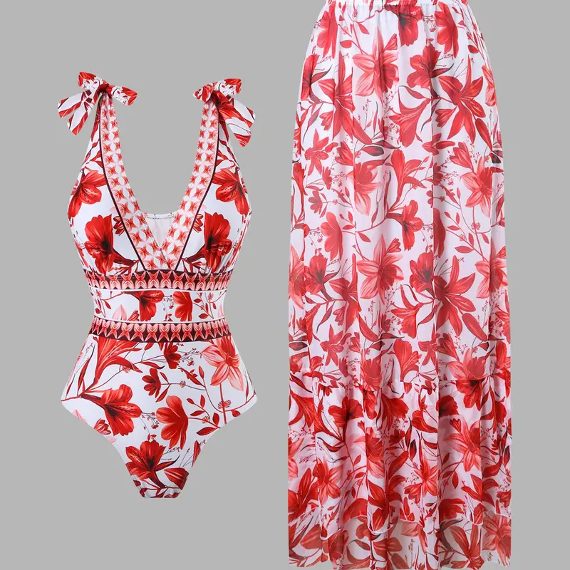 Women's All Over Floral Print Slim-Fit Tie Shoulder Backless One-Piece Swimsuit & Ruffle Hem Cover-Up Skirt Set, Casual Fashion Chic Swimwear Set for Beach Holiday Vacation, Ladies Swimsuit for Summer Swimwear Coverups, Beachwear Coverups