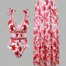 Women's All Over Floral Print Slim-Fit Tie Shoulder Backless One-Piece Swimsuit & Ruffle Hem Cover-Up Skirt Set, Casual Fashion Chic Swimwear Set for Beach Holiday Vacation, Ladies Swimsuit for Summer Swimwear Coverups, Beachwear Coverups
