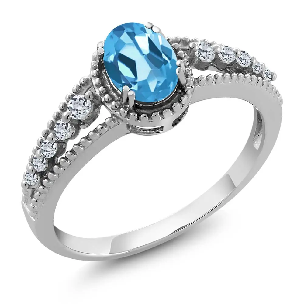 Oval Swiss Blue Topaz White Topaz 1.21 Ct 925 Sterling Silver Engagement Ring