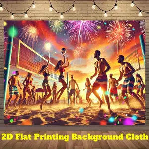 2D Flat, 1pc Beach Volleyball Party Banner - Vibrant Beach Volleyball Scene Backdrop with Fireworks, No Electricity Needed, Lightweight & Portable Indoor/Outdoor Decoration for Birthday, Wedding, Sports Events, Photo Booth Background - Easy Hang Setup,