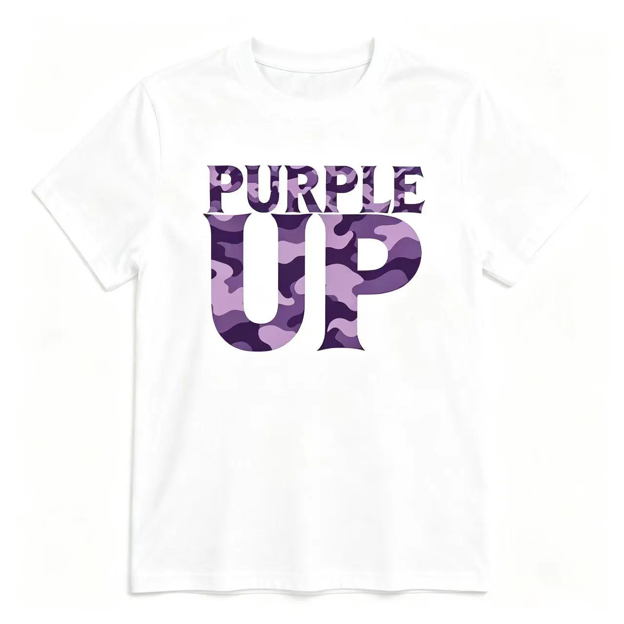 Purple Up Purple Camo Large Block Letter White Crew Neck T-Shirt Epilepsy Awareness Graphic Tee (No Box Included)