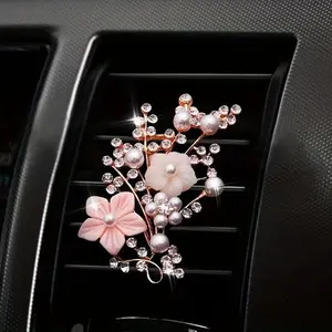 Sparkling Rhinestone Pearl Car Air Vent Freshener, Floral Auto Diffuser Clip,Cute Car Interior Decor for Women