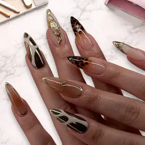 Gold Chrome Leopard Press On Nails, Metallic Animal Print Stiletto Nails, Luxury Glam Handmade Reusable Glue On Nail Set