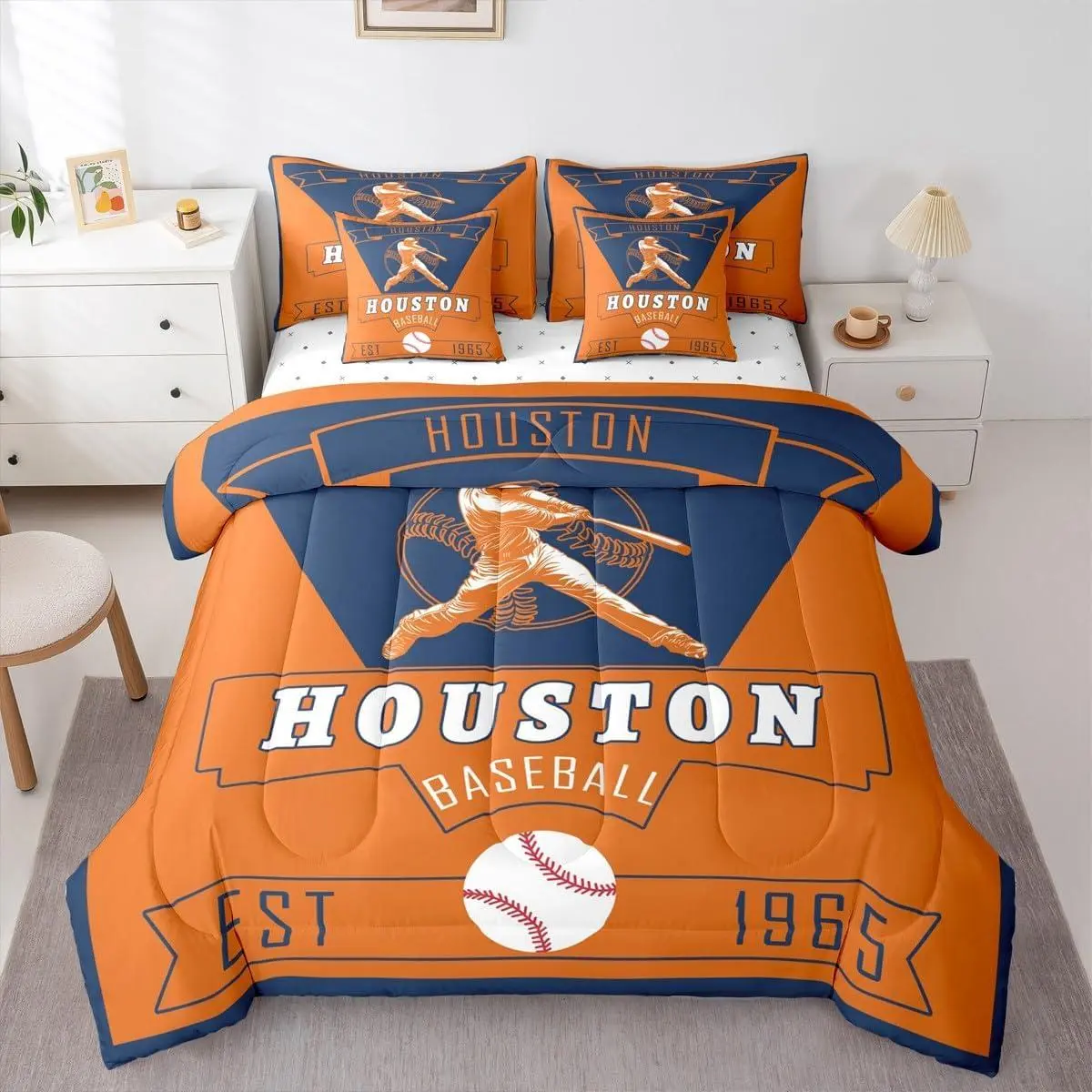 Feelyou 7-Piece Baseball Bedding Set with Sheets - Soft Touch Microfiber, Lightweight Drape, Houston Themed, for Kids' Rooms, Bed-in-a-Bag, Sports Game Room Decor