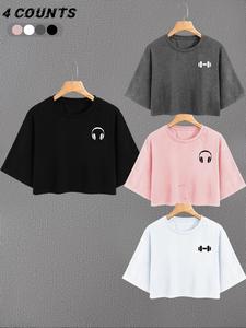 unisex's headphone print round neck tee, casual short sleeve crew neck t-shirt for daily wear, ladies clothes for all seasons