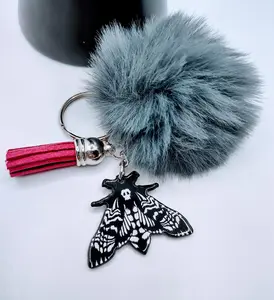 Deaths Head Moth Keychain with fur and tassel charm
