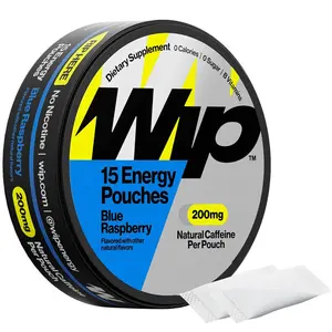 Wip Energy Pouches, Sugar Free Blend with 200 MG Natural Caffeine, B Vitamins, Minerals & L Theanine for Energy Support, Pre Workout for Active Lifestyles, Blue Raspberry, 1 Can, 15 Pouches