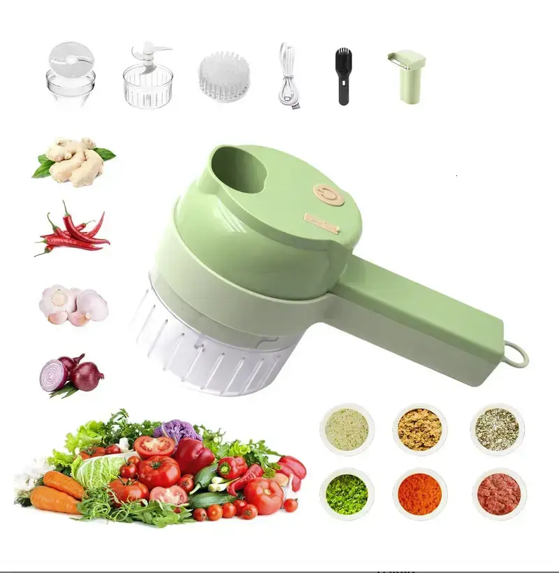 4-in-1 Handheld Electric Food Chopper, Portable Mini Food Processor with Stainless Steel Chopping Blade, Slicer, Mixer, Cleaning Brush and Food Pusher, Compact Kitchen Prep Tool for Garlic, Vegetables, Eggs and Salads