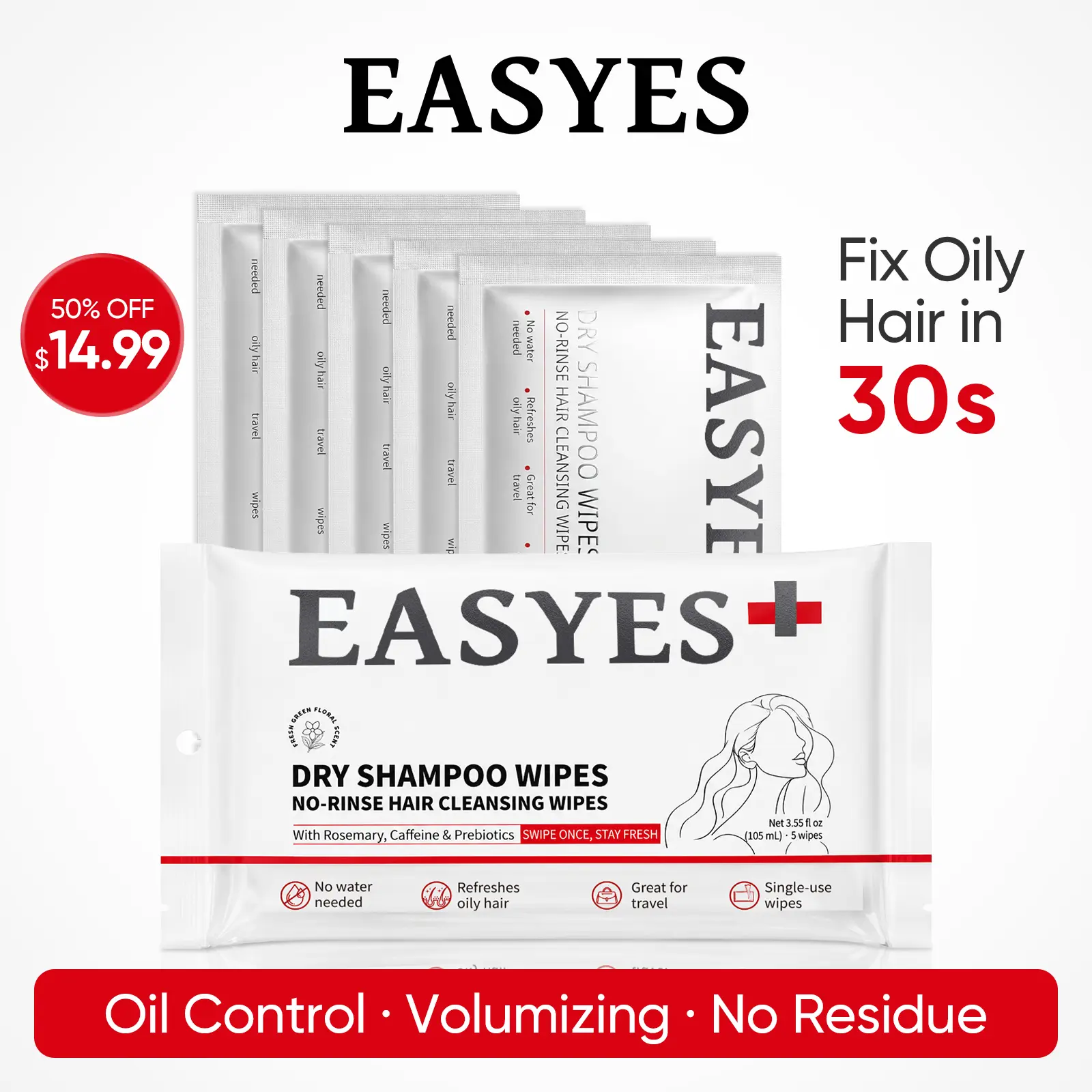 【EASYES】Dry Shampoo Wipes (5 Wipes)– Fix Oily Hair in 30 Seconds, No Water Needed, No White Residue, Instant Volume & Oil Control, On-the-Go Hair Refresh #summersale