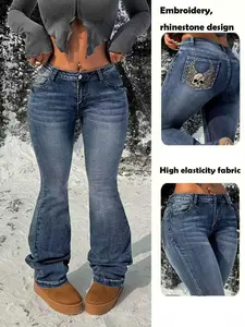 Women's Embroidered Rhinestone Elastic Flare Pants Jeans Fabric, Casual Ladies' Long Trousers, Comfortable and Stylish, Perfect for Daily Wear