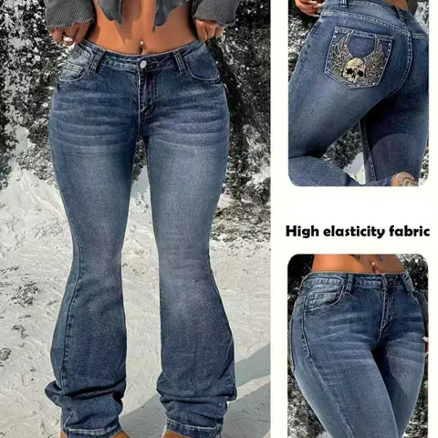 Women's Embroidered Rhinestone Elastic Flared Pants, Casual Ladies' Long Trousers, Comfortable and Stylish, Perfect for Daily Wear, Jeans, Super Stretchy Jeans