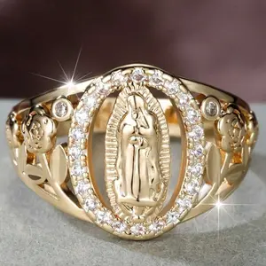 1pc Gold Plated Copper Alloy Religious Ring for Men and Women - Classic oval design with crystal stones, faith-inspired jewelry gift for everyday wear or special occasions