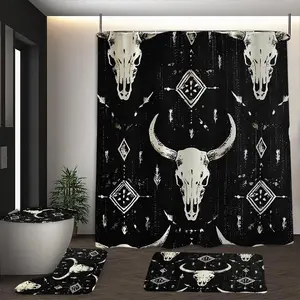 1/4 pcs Geometric Bull Head Pattern Bathroom Set, Modern Bathroom Decor, Non-slip Floor Mat, U-Shaped Carpet, Toilet Seat Cover, Perfect for Bathroom Decoration, Comes with 12 Shower Curtain Hooks