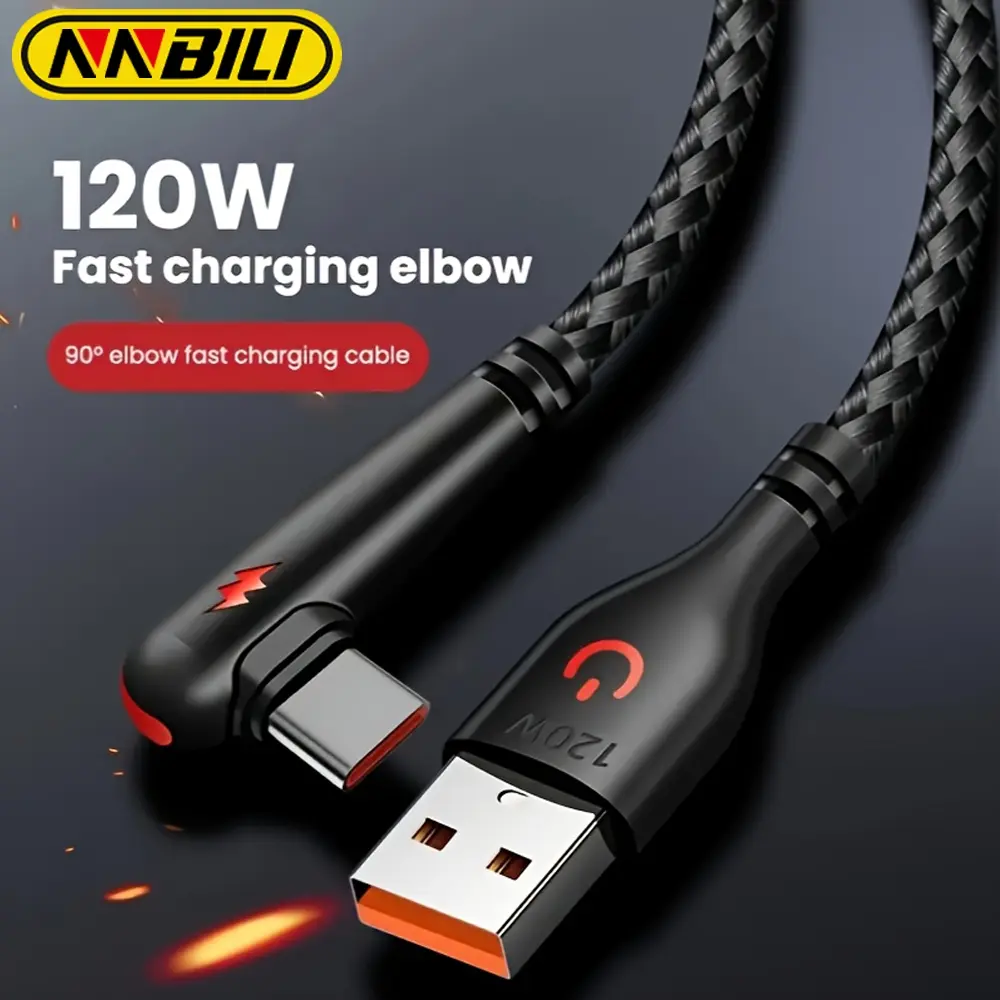 Nnbili 120w Fast Charging USB Type C Cellphone Cable, Charging Cables, USB C Interface, Nylon Braided, 90 Degree Bend Design, High Power Output for Huawei Oppo