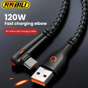 Nnbili 120w Fast Charging USB Type C Cellphone Cable, Nylon Braided, 90 Degree Bend Design, High Power Output for Huawei Oppo