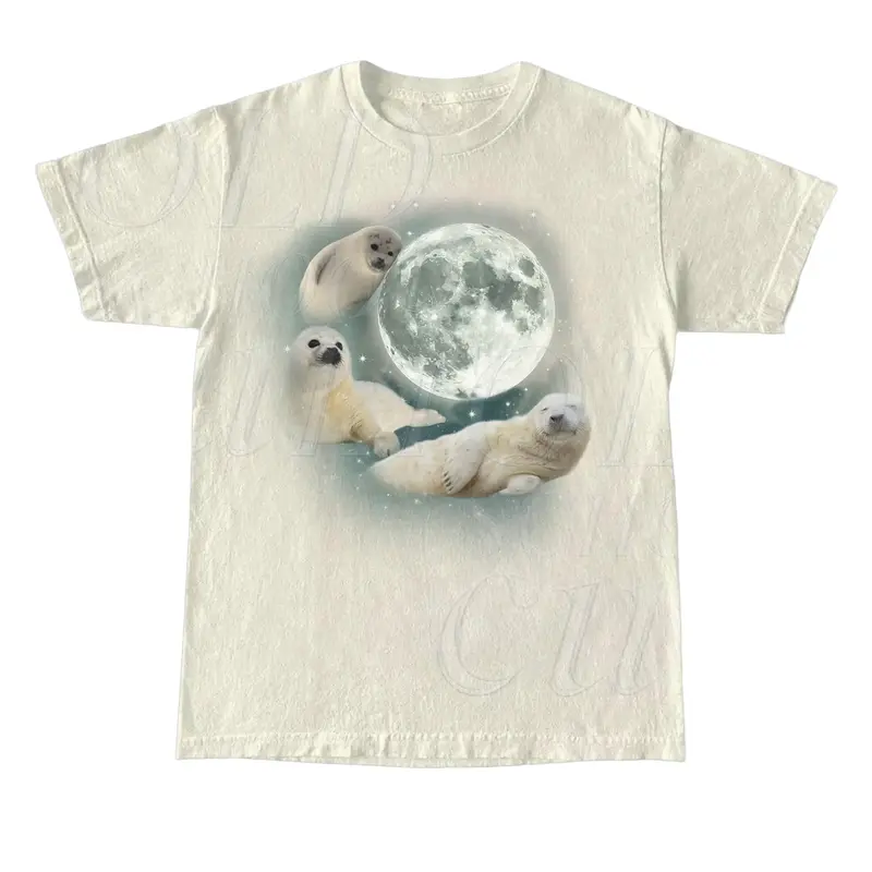 Women's Vintage Fitted Printed Graphic T-Shirts - 3 Designs (Baby Seal, Retro Sea Dog, Moon), Cotton Casual Cute Tops, Washed Unisex Oversized Short-Sleeve, All-Day Ease, Seal Lovers Pick