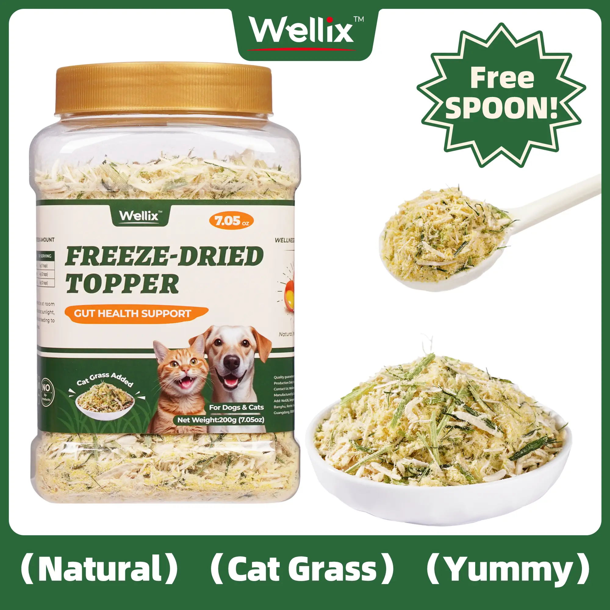 Wellix 7.5oz Dog & Cat Food Topper - Chicken, Egg Yolk, Cat Grass | Freeze Dried Chicken Formula | Low Calorie | Support Hairball Control & Gut Health