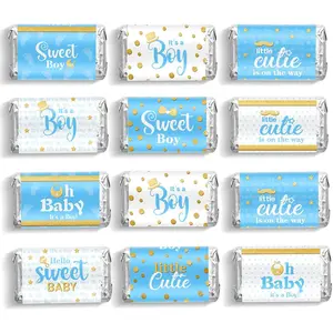 Baby Shower Candy Wrappers, Shower Mini Candy Bar Miniatures Wrappers Chocolate Bar Label Stickers for Boys Girls Kids Baby Shower Decor (No Candy)(Blue Boy Style, 90 Pieces)