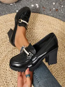 Crocodile Pattern Glossy Patchwork Metal Buckle Chunky Heel Loafers, Round Toe Thick Sole Shoes, Waterproof Casual Women's Shoes